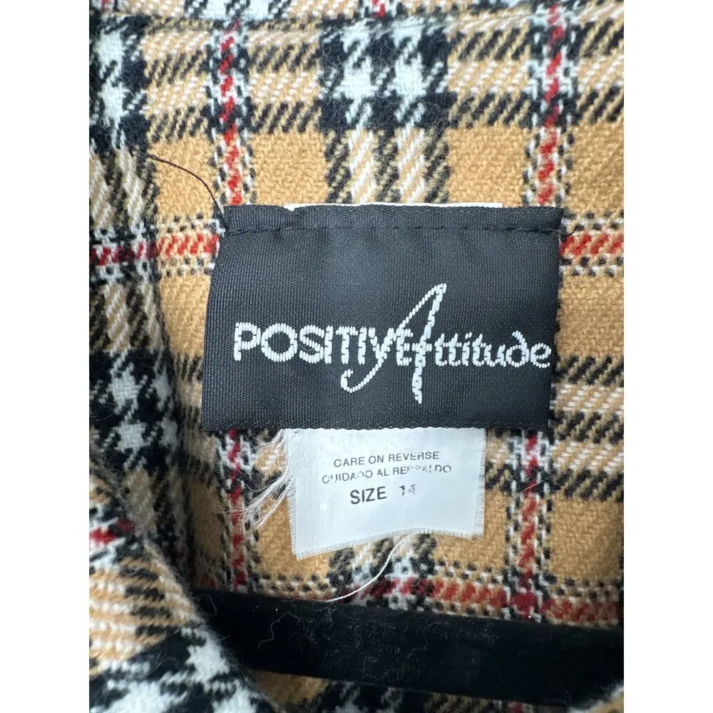90s Vintage Jacket Womens Medium Tan Plaid Black Red Zip Cozy Academia Grunge